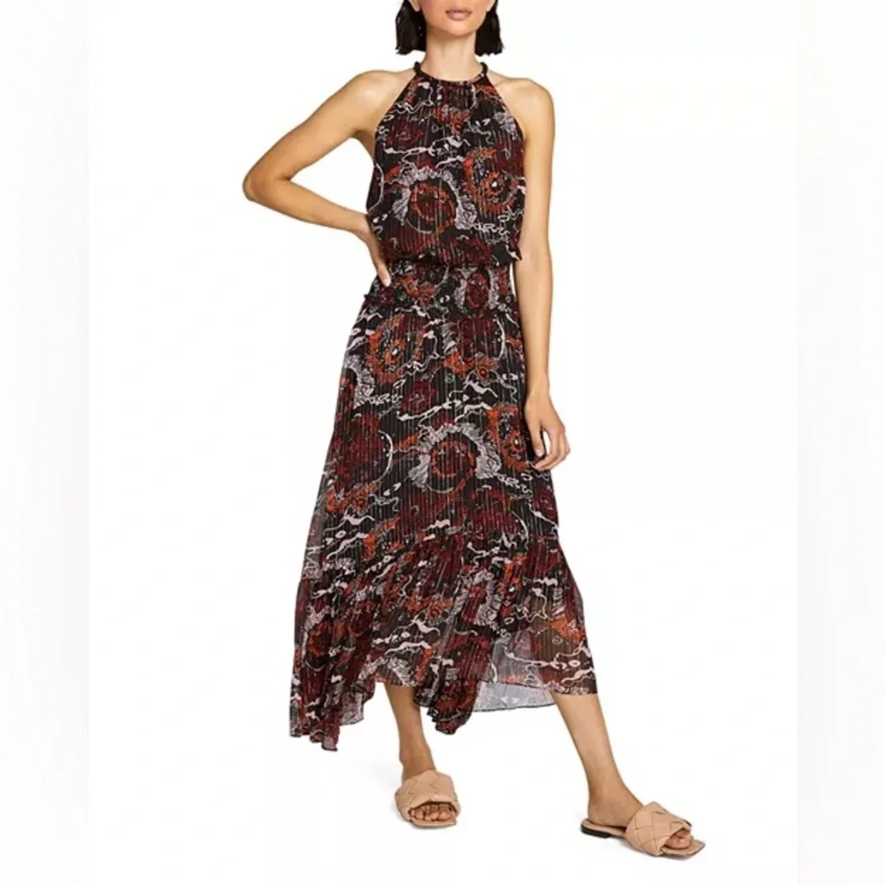 A.L.C. Bardot Silk Chiffon Printed Asymmetrical Halter Maxi Dress 4 - Picture 3 of 16